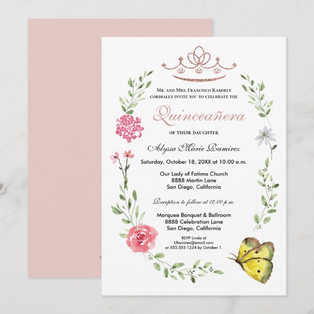 Invitation Blush rose Floral or Rose Tiara Quinceanera (Devant / Derrière)