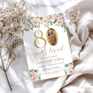 Invitation Blush rose floral photo 80e anniversaire Invitatio