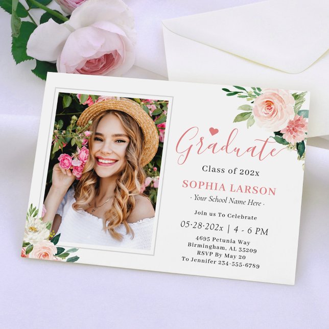 Invitation Blush Rose Floral Photo Keepsaké Graduation Party (Créateur téléchargé)