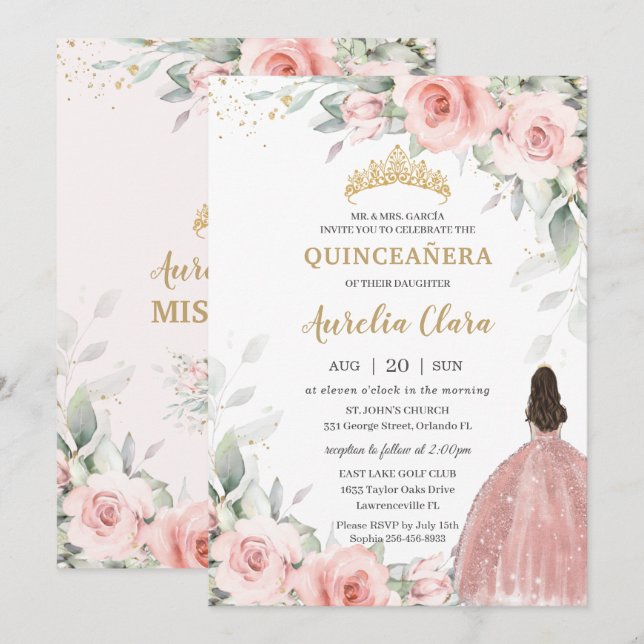 Invitation Blush rose Floral Princess Rose Gold Quinceañera (Devant / Derrière)