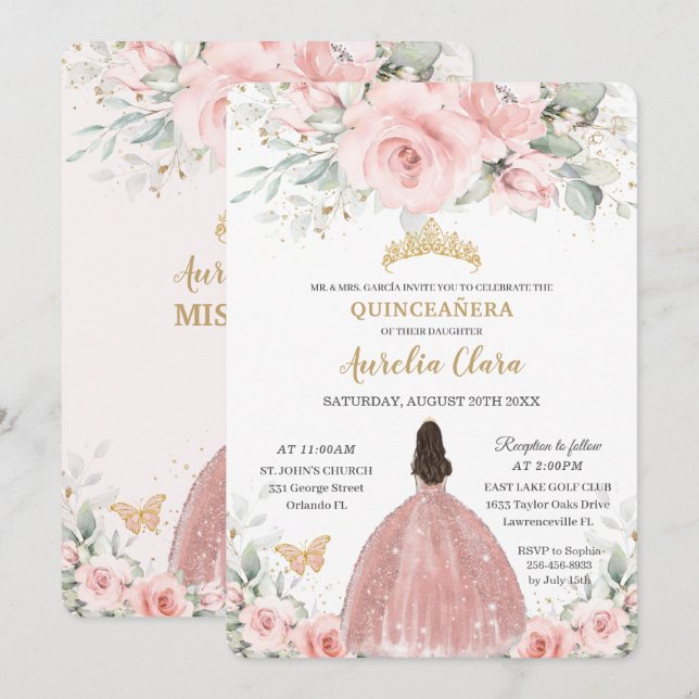 Invitation Blush rose Floral Princesse Rose Gold Quinceañera  (Devant / Derrière)
