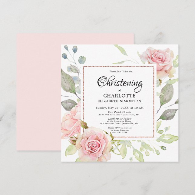 Invitation Blush rose Floral Rose Gold Carré Christening (Devant / Derrière)