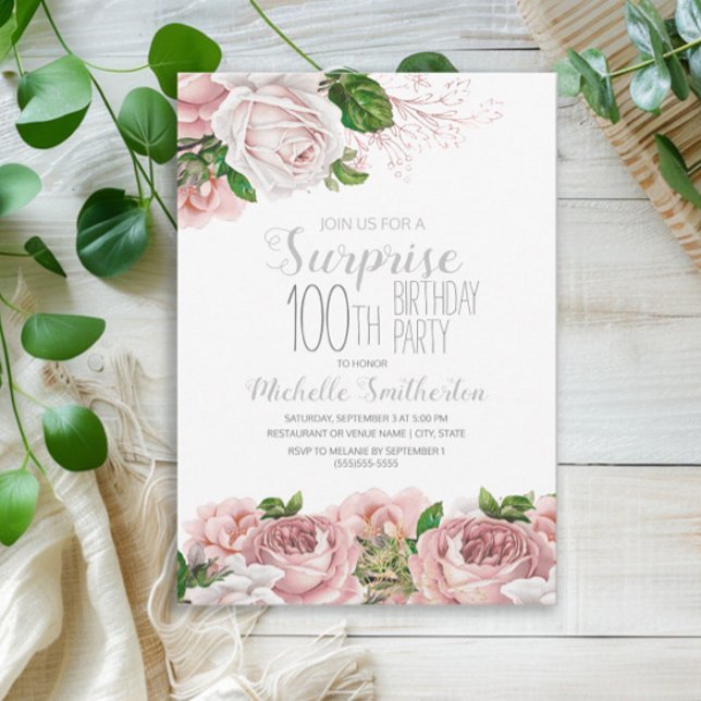 Invitation Blush rose Floral Surprise 100e anniversaire (Blush pink vintage floral surprise 100th birthday party invitation)