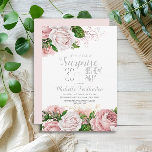 Invitation Blush rose Floral Surprise 30e anniversaire (Pink vintage floral surprise 30th birthday party invitation)
