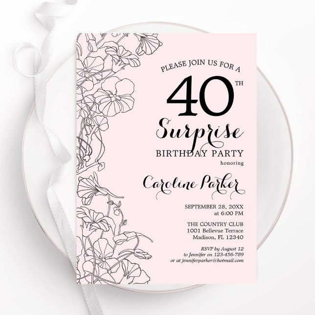 Invitation Blush rose Floral Surprise 40e fête d'anniversaire (Créateur téléchargé)