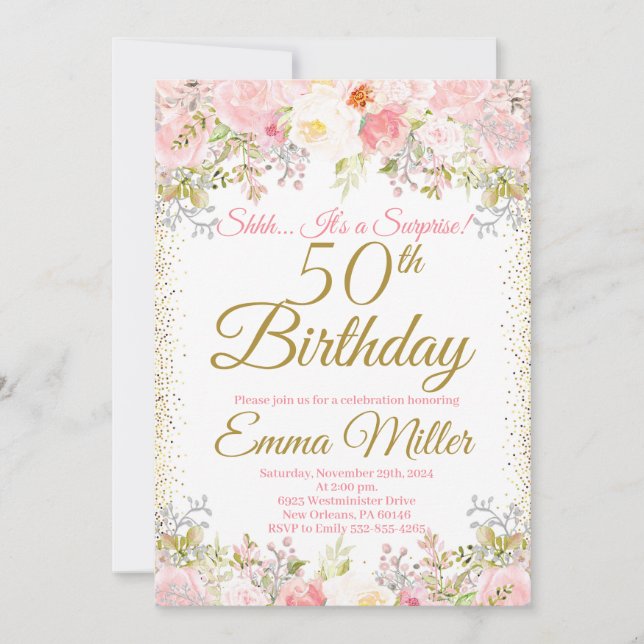 Invitation Blush rose Floral Surprise 50e anniversaire (Devant)