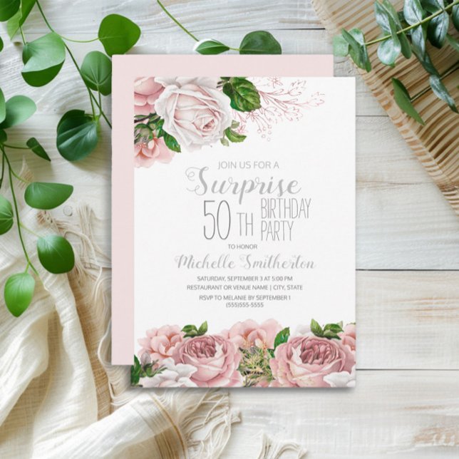 Invitation Blush rose Floral Surprise 50e anniversaire (Blush pink vintage floral surprise 50th birthday party invitation)