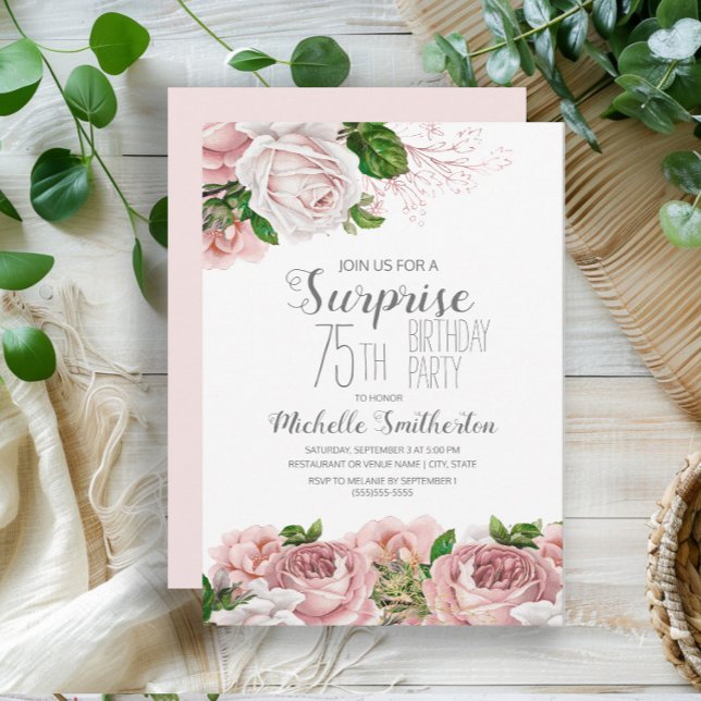 Invitation Blush rose Floral Surprise 75e anniversaire femmes (Elegant pink vintage roses 75th birthday party invitation)