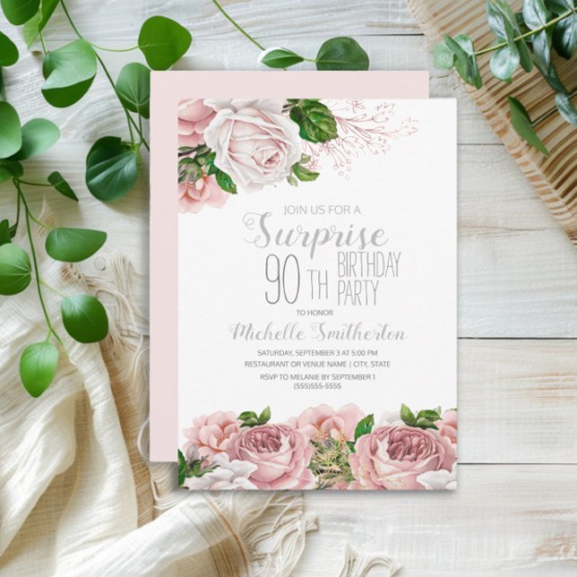 Invitation Blush rose Floral Surprise 90e anniversaire (Elegant blush pink vintage floral surprise 90th birthday party invitation)