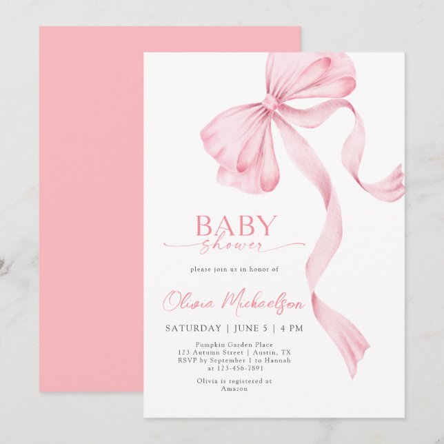 Invitation Blush Rose Girl Ribbon Bow Coquette Baby shower (Devant / Derrière)