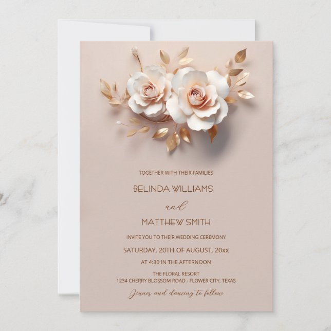 Invitation Blush  Rose Gold 3D Flowers Simple (Devant)