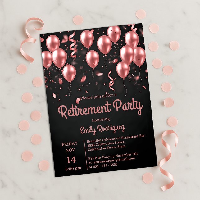 Invitation Blush Rose Gold Balloons Confetti Retirement Party (Créateur téléchargé)