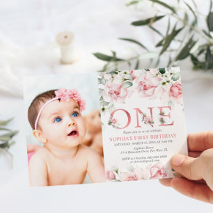 Invitation Blush & Rose Gold Floral Baby 1er anniversaire