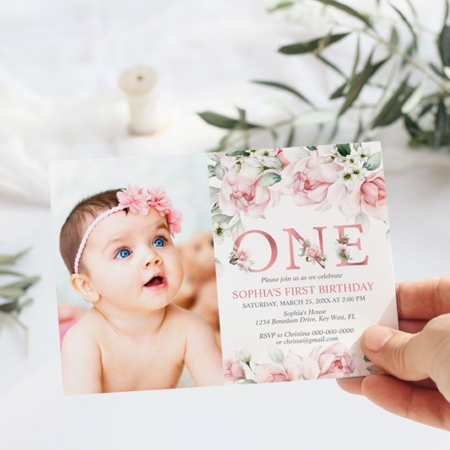 Invitation Blush & Rose Gold Floral Baby 1er anniversaire (Créateur téléchargé)