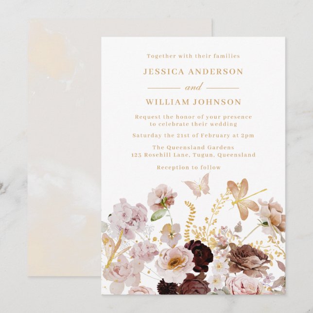 Invitation Blush & Rose Gold Floral Peony Papillons Mariage (Devant / Derrière)