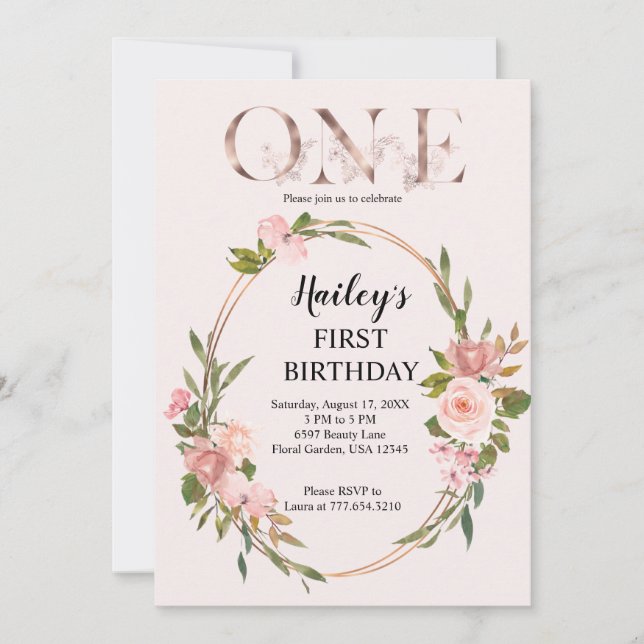 Invitation Blush & Rose Gold Floral Premier anniversaire (Devant)