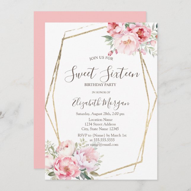 Invitation Blush Rose Gold Frame Sweet 16 (Devant / Derrière)