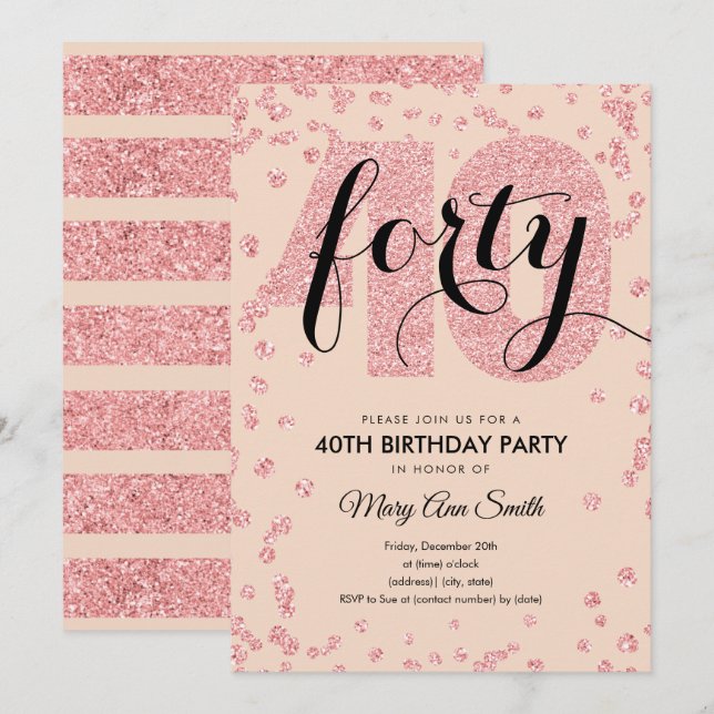 Invitation Blush Rose Gold Parties scintillant 40e fête d'ann (Devant / Derrière)