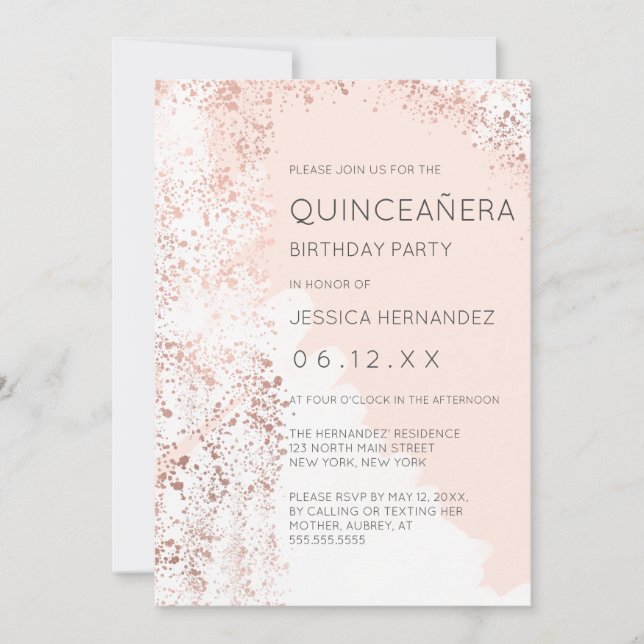 Invitation Blush Rose Gold Splatter Brushstroke Quinceañera (Devant)