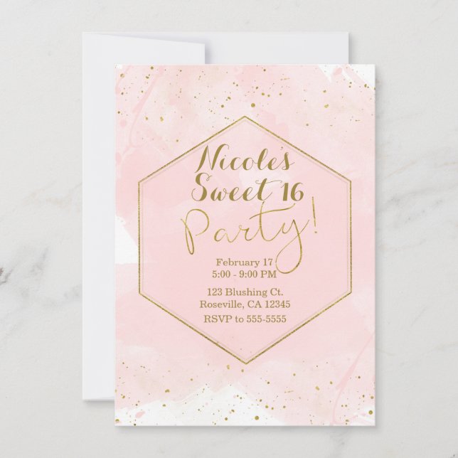 Invitation Blush rose & Gold Splatter Modern Sweet 16 Party (Devant)