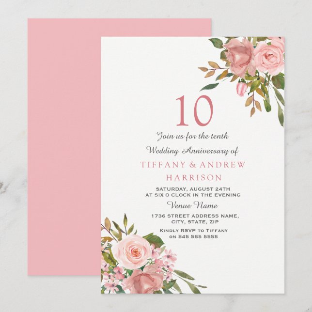 Invitation Blush Rose Gold White 10e anniversaire Mariage (Devant / Derrière)