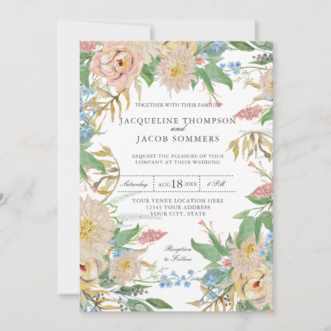 Invitation Blush Rose Mums Gold Folial Floral Aquarelle Art (Devant)