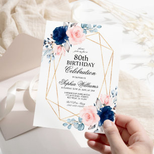 Invitation Blush Rose & Navy Blue Floral 80 Anniversaire