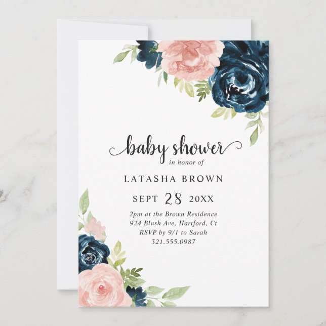 Invitation Blush Rose Navy Blue Floral Girl Baby shower (Devant)