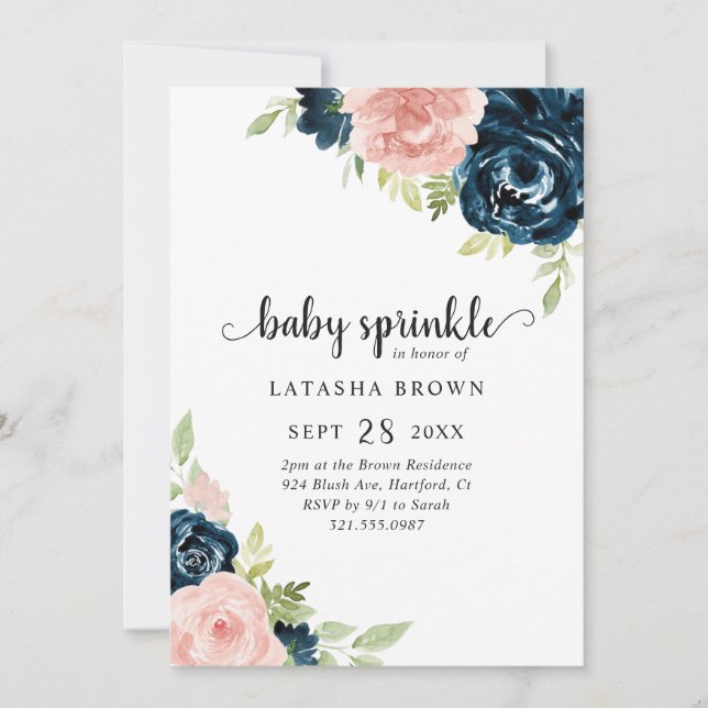 Invitation Blush Rose Navy Blue Floral Girl Baby Sprinky (Devant)