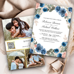 Invitation Blush Rose Navy Blue Floral Photo QR Code Mariage