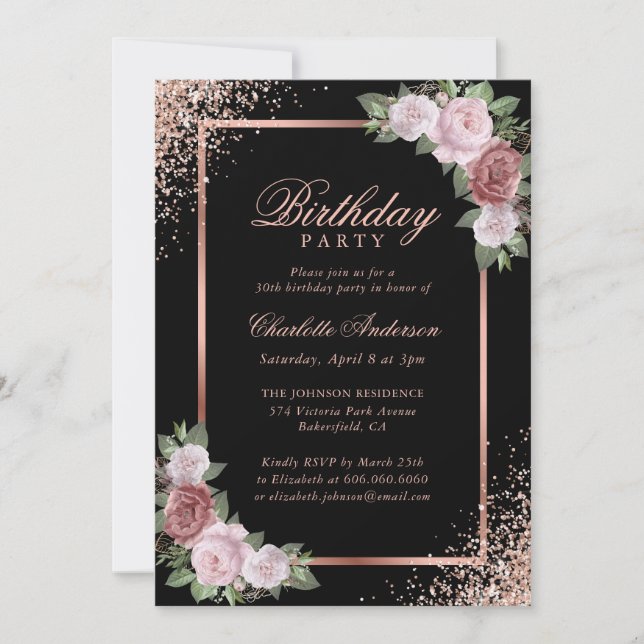Invitation Blush rose noir Rose or Floral fête d'anniversaire (Devant)