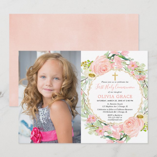 Invitation Blush rose or floral First Holy Communion photo (Devant / Derrière)
