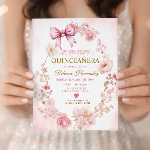 Invitation Blush Rose Pâle Nœud Quinceañera