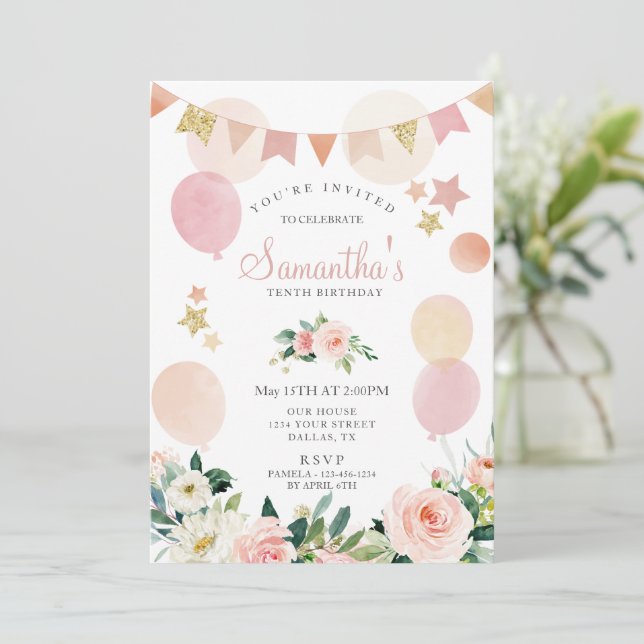 Invitation Blush rose printemps floral fille fête d'anniversa (Debout devant)