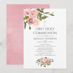 Invitation Blush Rose & Rose Gold Floral First Holy Communion