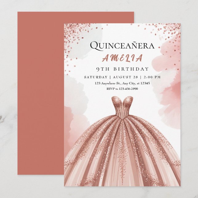 Invitation Blush Rose & Rose Gold Princess Anniversaire (Devant / Derrière)