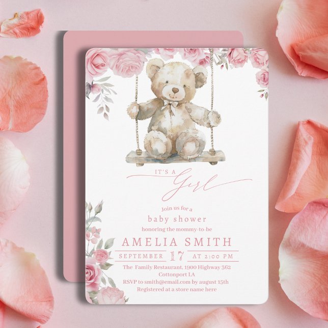 Invitation Blush Rose Rustic Swing Ours Girl Douche (Créateur téléchargé)