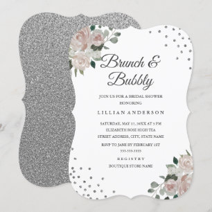Invitation Blush Silver Floral Confetti Brunch et Bubbly