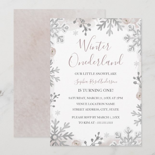 Invitation Blush Silver Winter Onederland 1er anniversaire (Devant / Derrière)