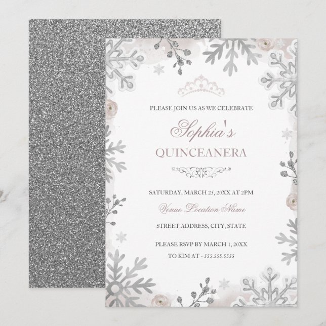 Invitation Blush Silver Winter Wonderland Quinceanera (Devant / Derrière)