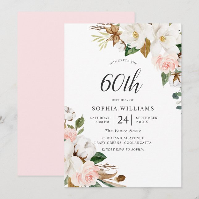 Invitation Blush & White Elegant Flowers 60e fête d'anniversa (Devant / Derrière)