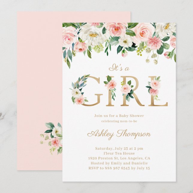 Invitation Blush & White Flowers Gold C'est un Baby shower fé (Devant / Derrière)