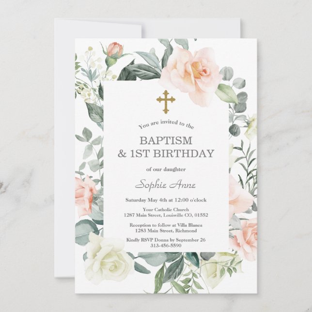 Invitation Blush White Flowers Gold Girl 1er Anniversaire Bap (Devant)