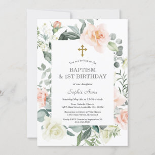 Invitation Blush White Flowers Gold Girl 1er Anniversaire Bap