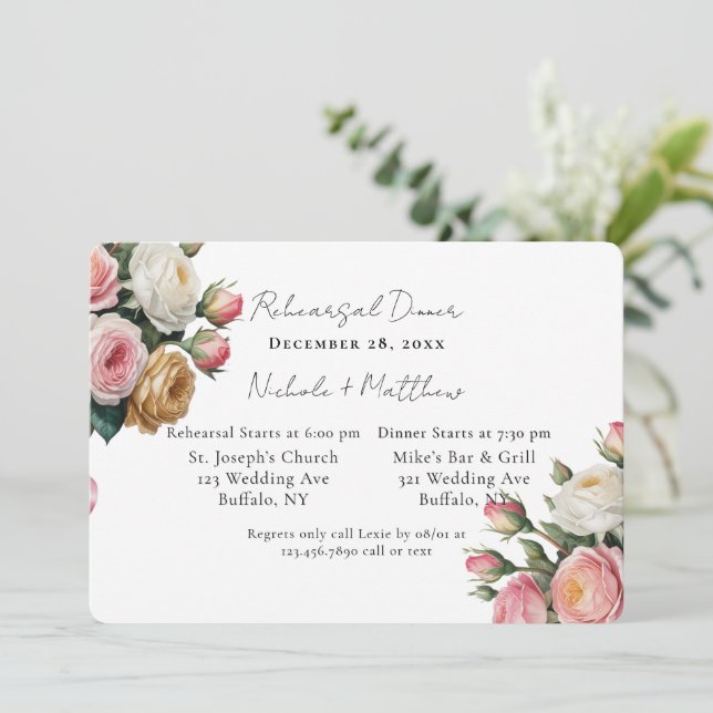 Invitation Blush White Gold Floral Rehearsal Dinner (Debout devant)
