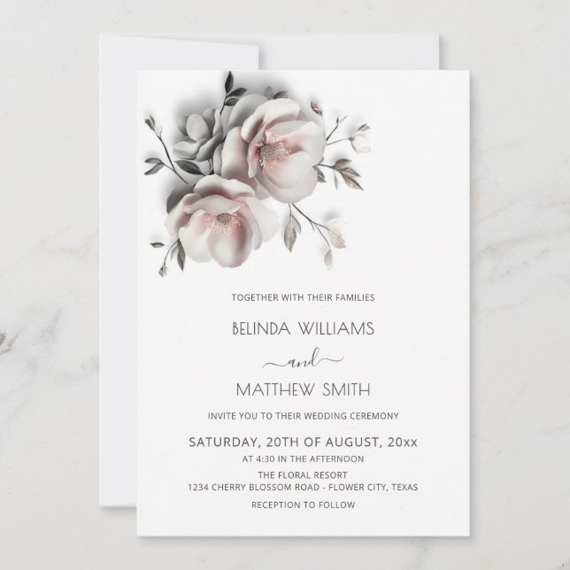 Invitation Blush White Textured Roses Simple Wedding (Devant)
