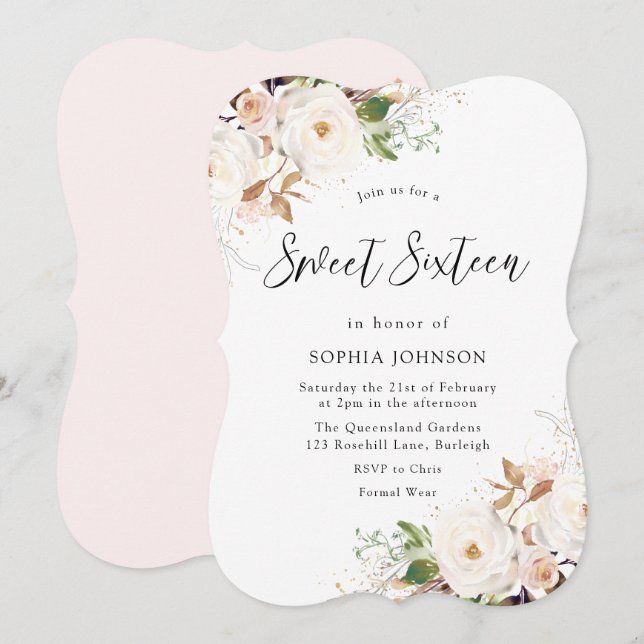 Invitation Blush White Winter Forest Sweet 16 fête d'annivers (Devant / Derrière)