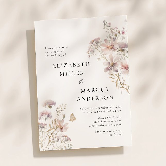 Invitation Blush Wildflower Boho Garden Floral Wedding (Blush wildflower floral wedding invitation with soft pastel flowers and elegant modern typography)