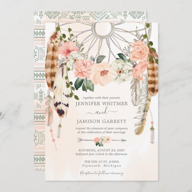 Invitation Blushing Dream Boho Dreamcatcher Mariage (Devant / Derrière)