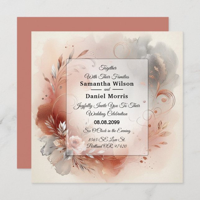 Invitation Blushing Petals and Silver Swirls Wedding (Devant / Derrière)